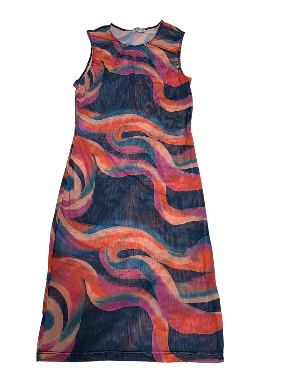 NIB Icon Swim Sleeveless Wave-Print Swim Coverup Dress in Navy and Coral Swirl